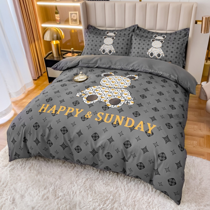 91家纺网 家纺一手货源 找家纺 娜娜 2022新款大版大牌风亲肤棉工艺款四件套 熊仔灰