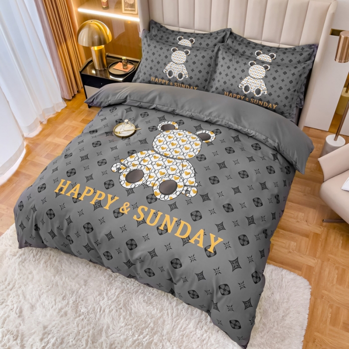 91家纺网 家纺一手货源 找家纺 娜娜 2022新款大版大牌风亲肤棉工艺款四件套 熊仔灰