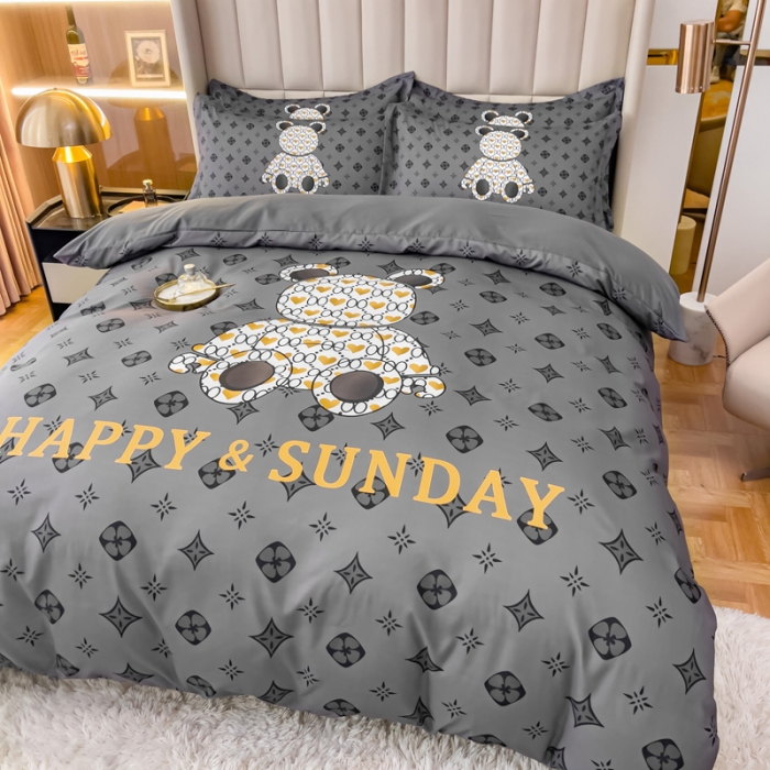 91家纺网 家纺一手货源 找家纺 娜娜 2022新款大版大牌风亲肤棉工艺款四件套 熊仔灰