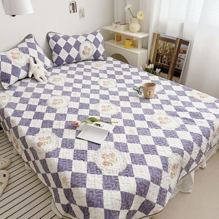 91家纺网 家纺一手货源 找家纺 美乐迪 2022新款多功能牛奶绒亲肤棉床盖套件 格子郁金香