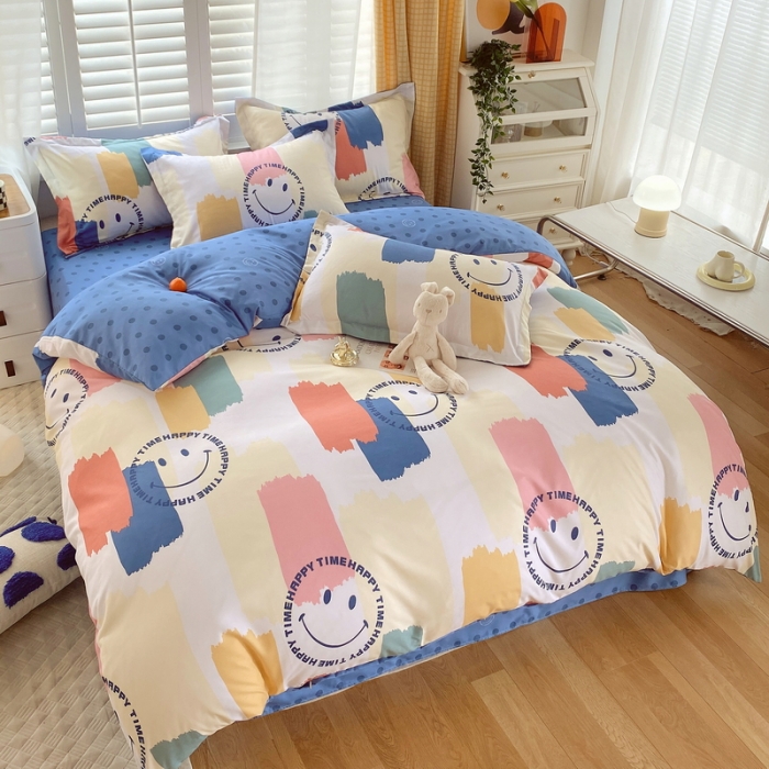 91家纺网 家纺一手货源 找家纺 艾橙 秋冬新款140g植物羊绒磨毛四件套系列 缤纷笑脸