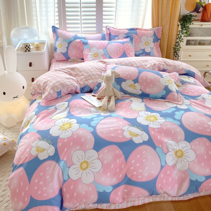 91家纺网 家纺一手货源 找家纺 艾橙2022秋冬新款140g植物羊绒磨毛四件套系列草莓爱恋