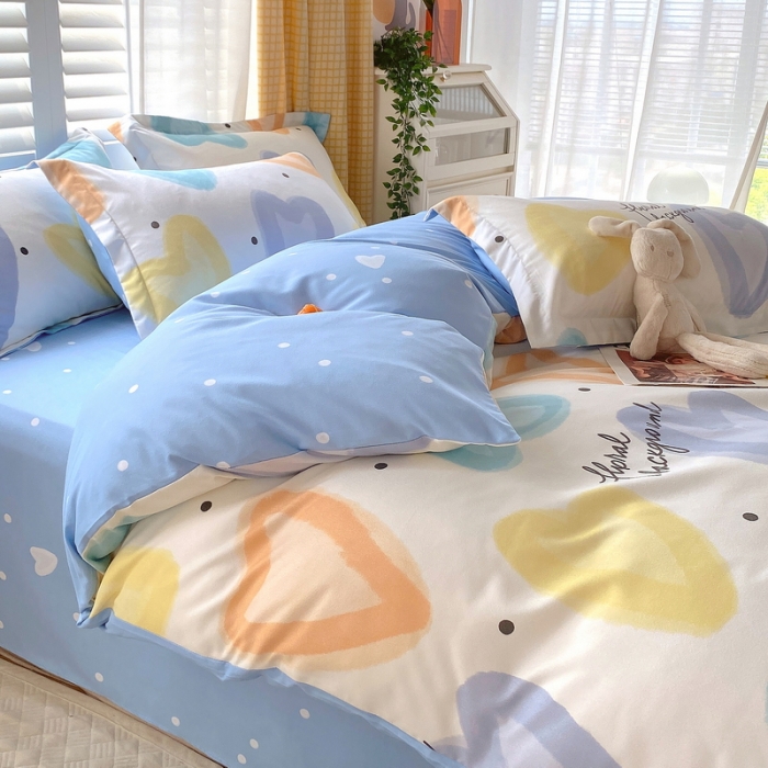 91家纺网 家纺一手货源 找家纺 艾橙 秋冬新款140g植物羊绒磨毛四件套系列 梦幻爱心