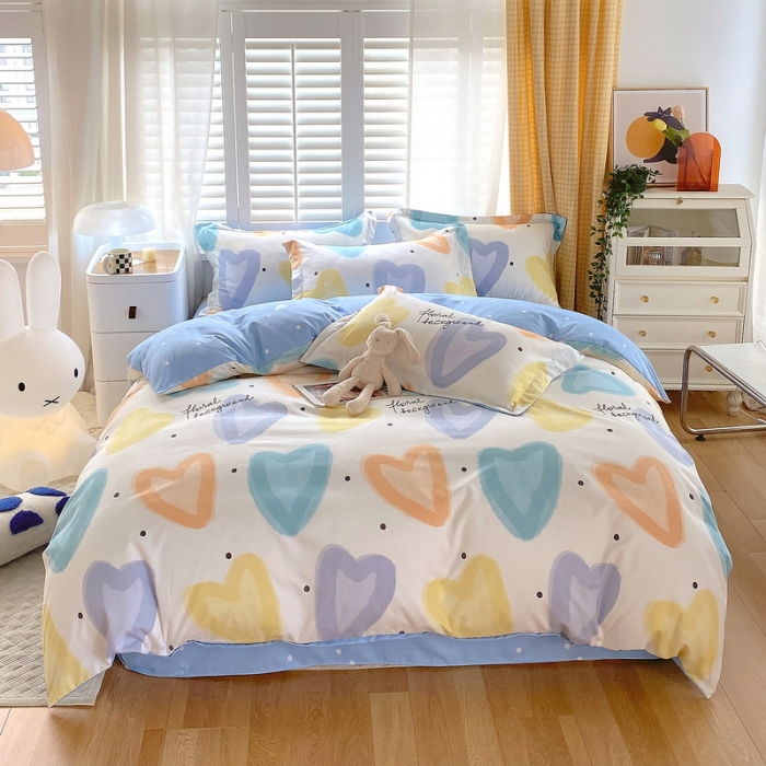 91家纺网 家纺一手货源 找家纺 艾橙 秋冬新款140g植物羊绒磨毛四件套系列 梦幻爱心