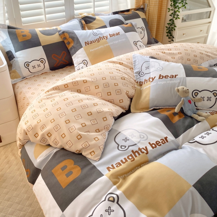 91家纺网 家纺一手货源 找家纺 艾橙 秋冬新款140g植物羊绒磨毛四件套系列 字母熊