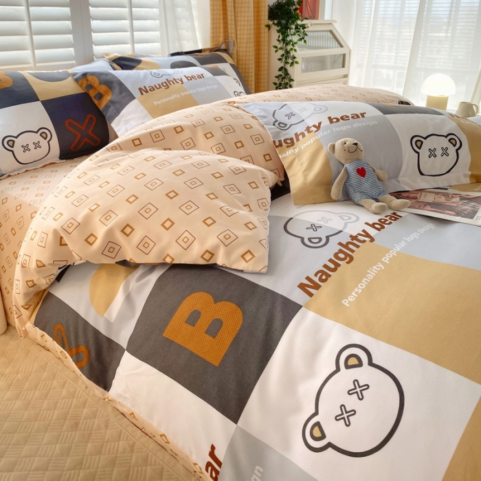 91家纺网 家纺一手货源 找家纺 艾橙 秋冬新款140g植物羊绒磨毛四件套系列 字母熊