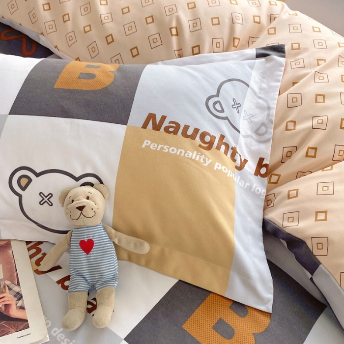 91家纺网 家纺一手货源 找家纺 艾橙 秋冬新款140g植物羊绒磨毛四件套系列 字母熊