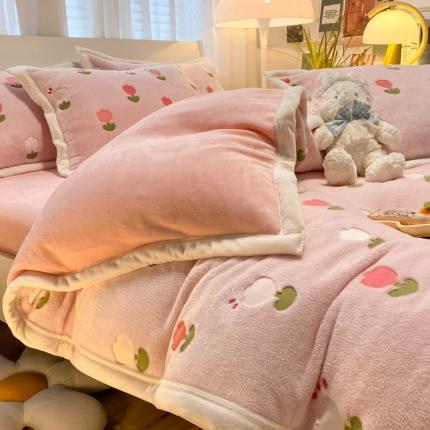 91家纺网 家纺一手货源 找家纺 川悦生活2022小清新牛奶绒纯色印花云朵绒四件套 多彩郁金香