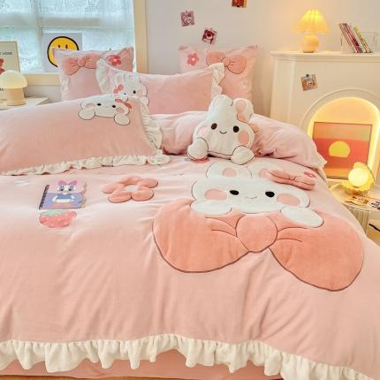 91家纺网 家纺一手货源 找家纺 总 川悦生活 2022直播供货牛奶绒贴布绣卡通四件套-大白兔