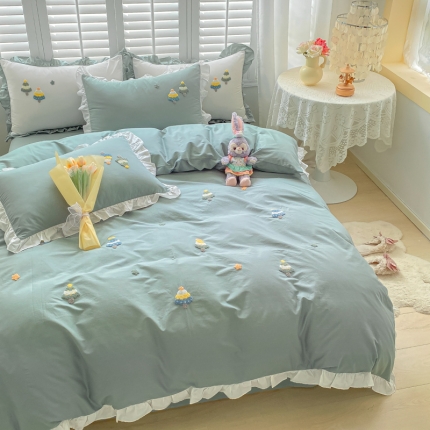 91家纺网 家纺一手货源 找家纺 （总）泽西新款全棉小清新毛巾绣少女心荷叶边四件套床单床笠三件套