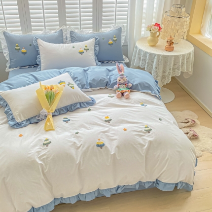 91家纺网 家纺一手货源 找家纺 （总）泽西新款全棉小清新毛巾绣少女心荷叶边四件套床单床笠三件套