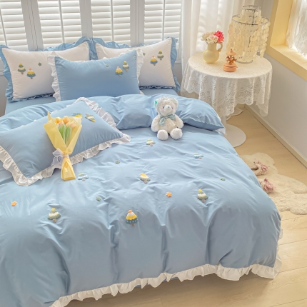 91家纺网 家纺一手货源 找家纺 （总）泽西新款全棉小清新毛巾绣少女心荷叶边四件套床单床笠三件套