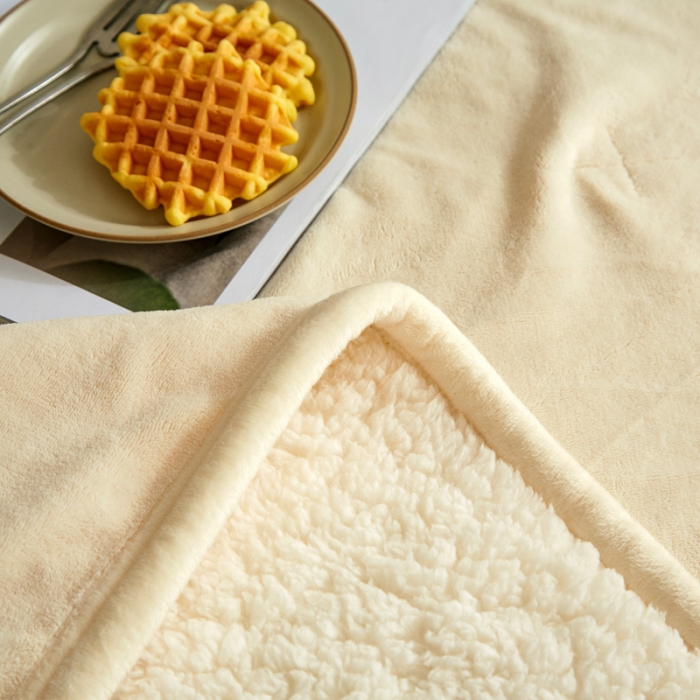 91家纺网 家纺一手货源 找家纺 安莱生活 秋冬新品高克重新品牛奶绒拼羊羔绒毛毯 图一 米白