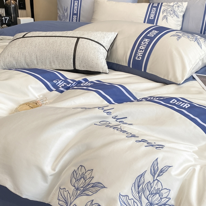 91家纺网 家纺一手货源 找家纺 涵宸 2022新款加厚全棉刺绣四件套-香榭大道 香榭大道-白拼蓝