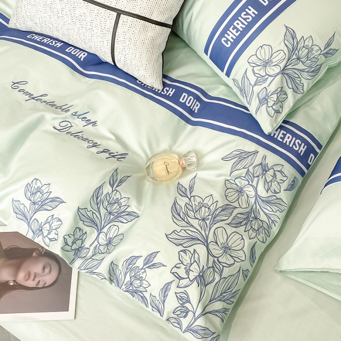 91家纺网 家纺一手货源 找家纺 涵宸 2022新款加厚全棉刺绣四件套-香榭大道 香榭大道-薄荷绿