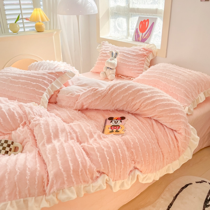 91家纺网 家纺一手货源 找家纺 金爱家 2023新款流苏牛奶绒四件套 流苏-粉色