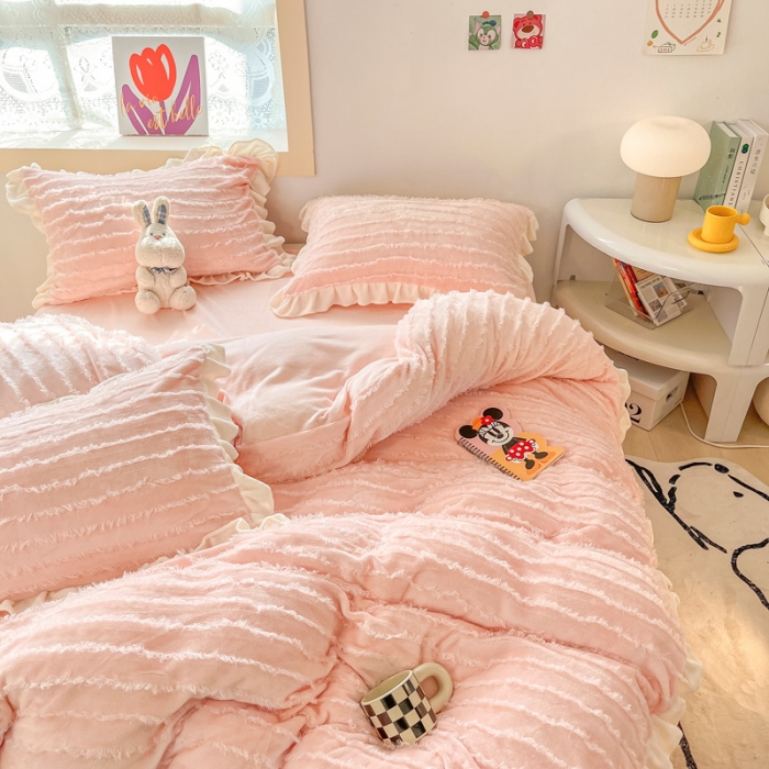 91家纺网 家纺一手货源 找家纺 金爱家 2023新款流苏牛奶绒四件套 流苏-粉色