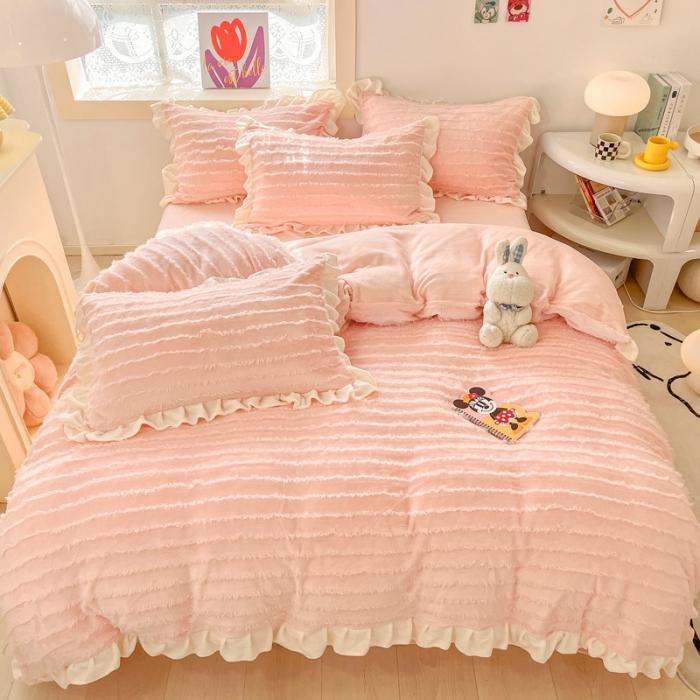 91家纺网 家纺一手货源 找家纺 金爱家 2023新款流苏牛奶绒四件套 流苏-粉色