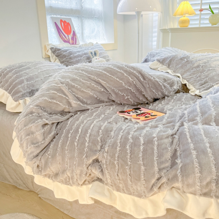 91家纺网 家纺一手货源 找家纺 金爱家 2023新款流苏牛奶绒四件套 流苏-高级灰
