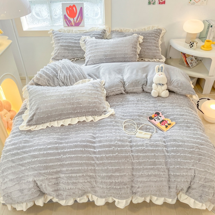 91家纺网 家纺一手货源 找家纺 金爱家 2023新款流苏牛奶绒四件套 流苏-高级灰