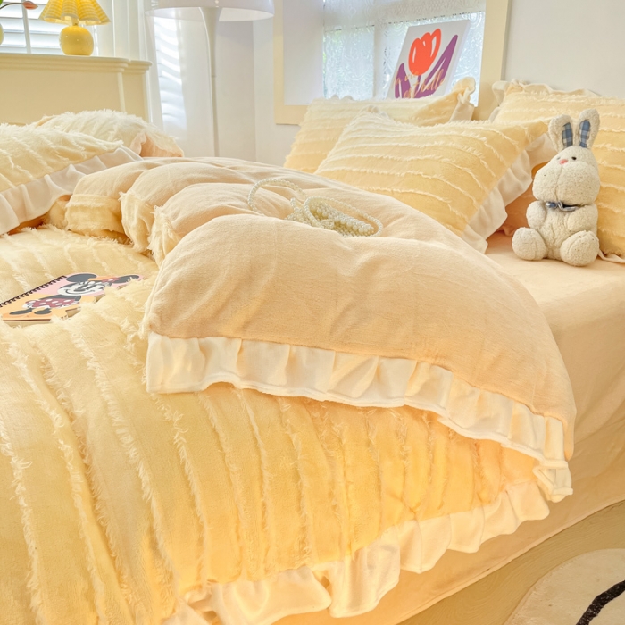 91家纺网 家纺一手货源 找家纺 金爱家 2023新款流苏牛奶绒四件套 流苏-奶黄