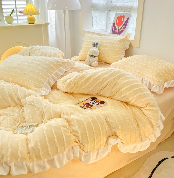 91家纺网 家纺一手货源 找家纺 金爱家 2023新款流苏牛奶绒四件套 流苏-奶黄