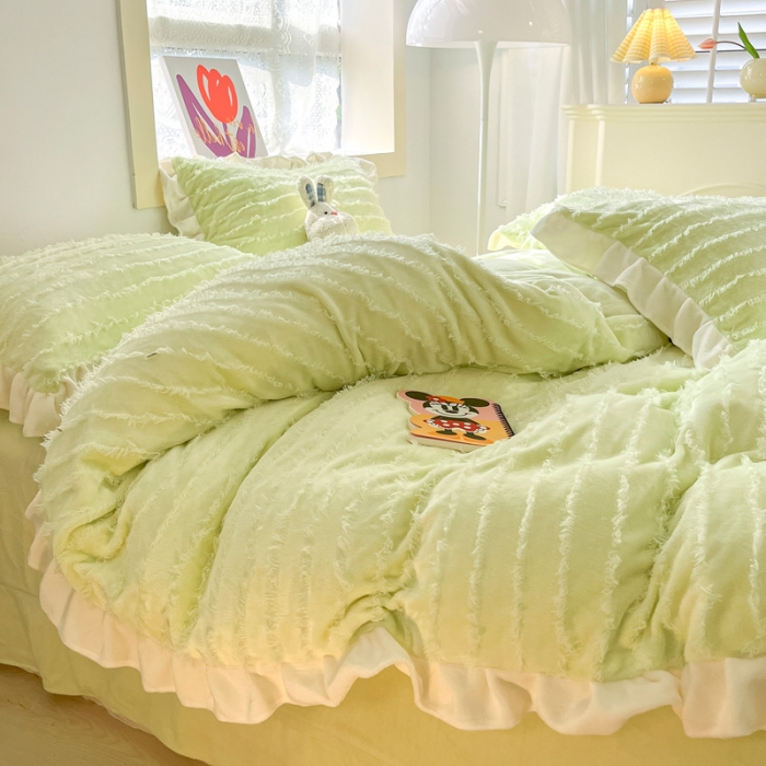 91家纺网 家纺一手货源 找家纺 金爱家 2023新款流苏牛奶绒四件套 流苏-青绿