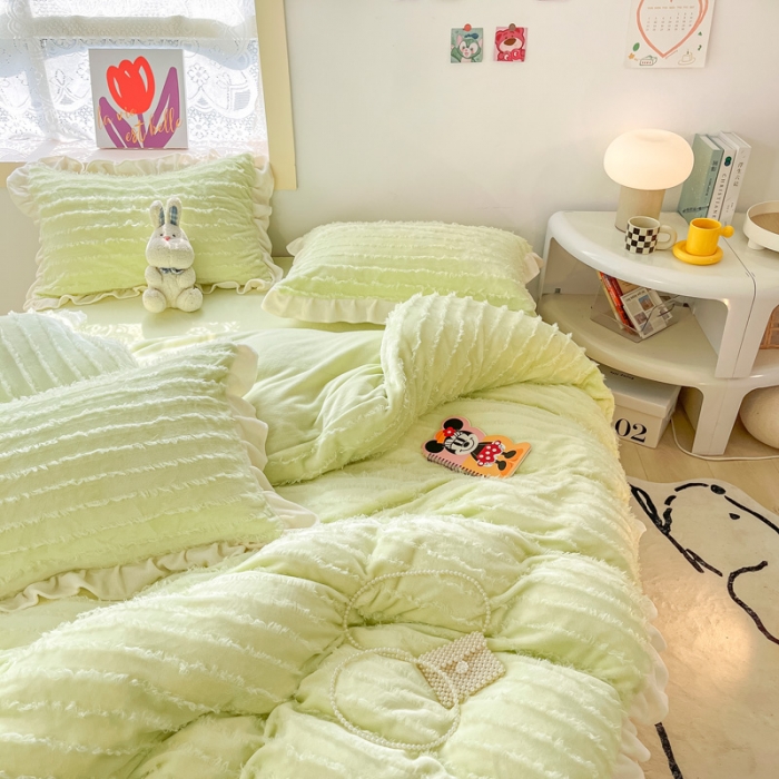 91家纺网 家纺一手货源 找家纺 金爱家 2023新款流苏牛奶绒四件套 流苏-青绿