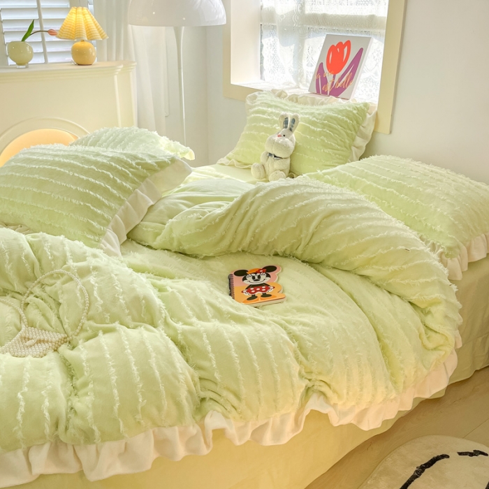 91家纺网 家纺一手货源 找家纺 金爱家 2023新款流苏牛奶绒四件套 流苏-青绿