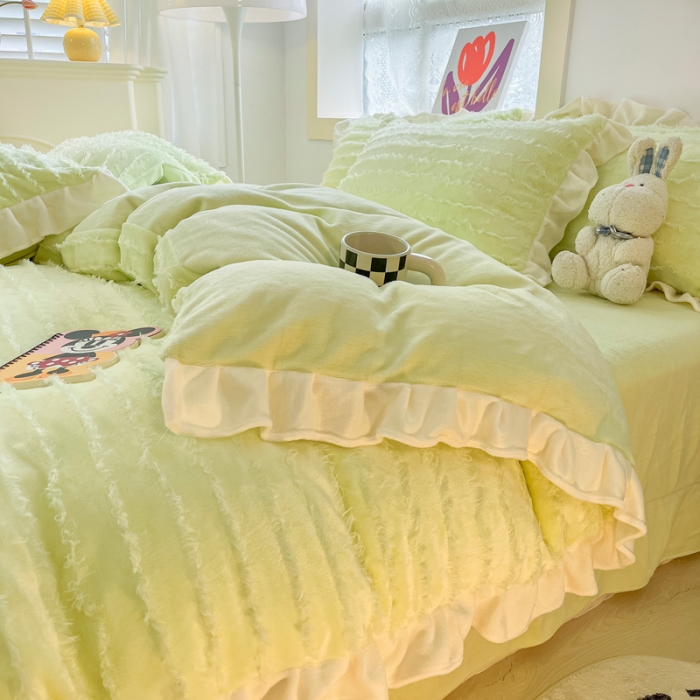 91家纺网 家纺一手货源 找家纺 金爱家 2023新款流苏牛奶绒四件套 流苏-青绿