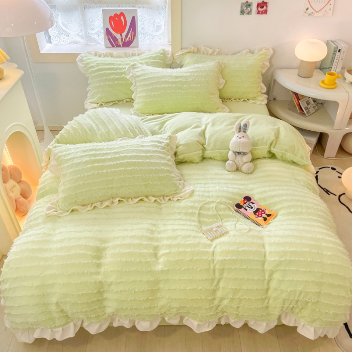 91家纺网 家纺一手货源 找家纺 金爱家 2023新款流苏牛奶绒四件套 流苏-青绿