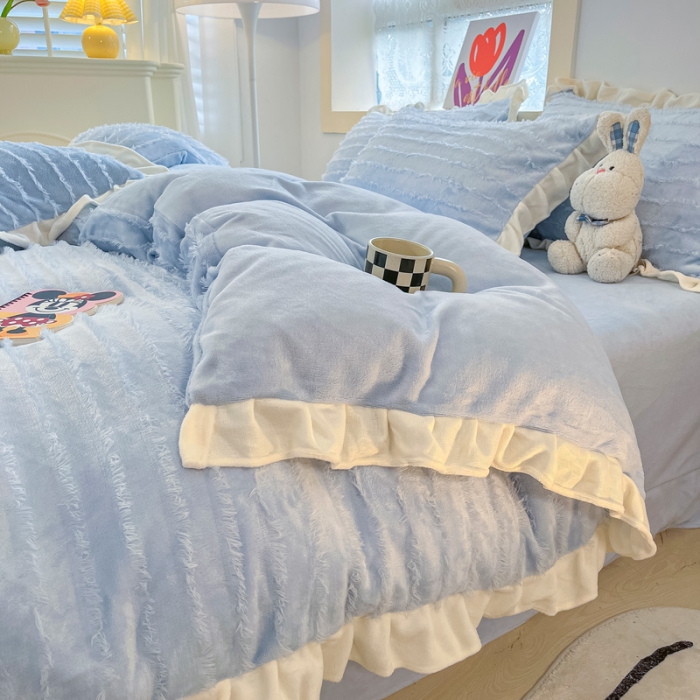 91家纺网 家纺一手货源 找家纺 金爱家 2023新款流苏牛奶绒四件套 流苏-天空蓝