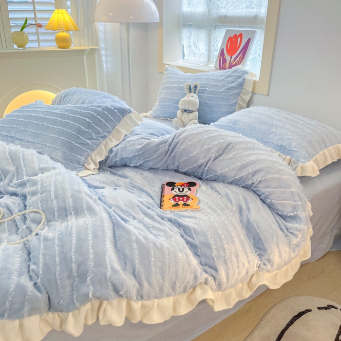 91家纺网 家纺一手货源 找家纺 金爱家 2023新款流苏牛奶绒四件套 流苏-天空蓝