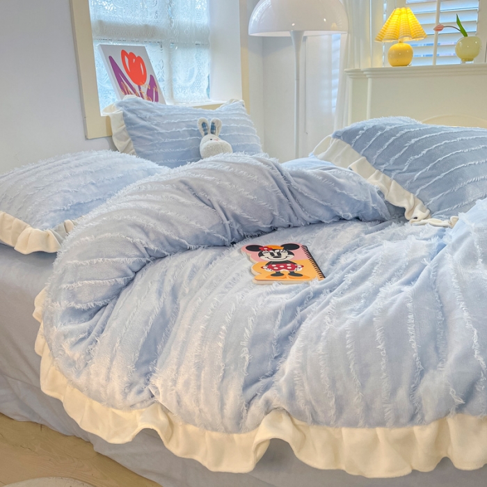 91家纺网 家纺一手货源 找家纺 金爱家 2023新款流苏牛奶绒四件套 流苏-天空蓝
