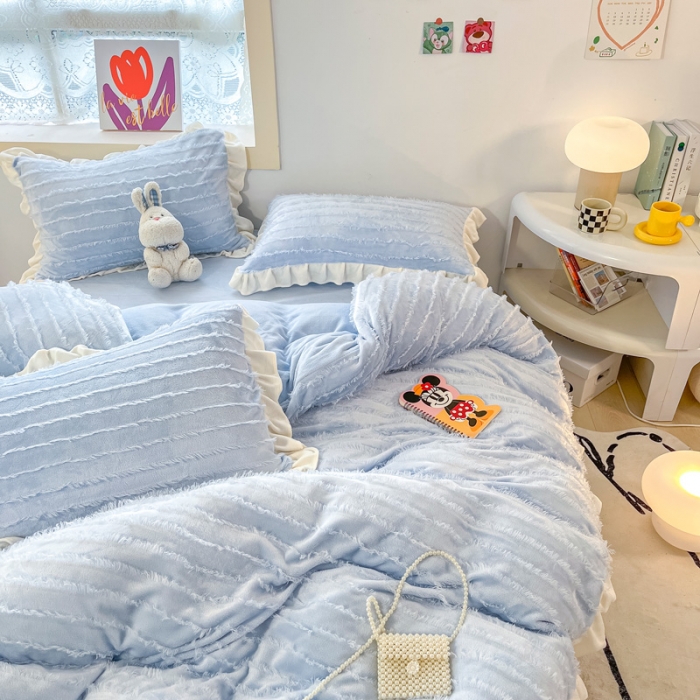 91家纺网 家纺一手货源 找家纺 金爱家 2023新款流苏牛奶绒四件套 流苏-天空蓝