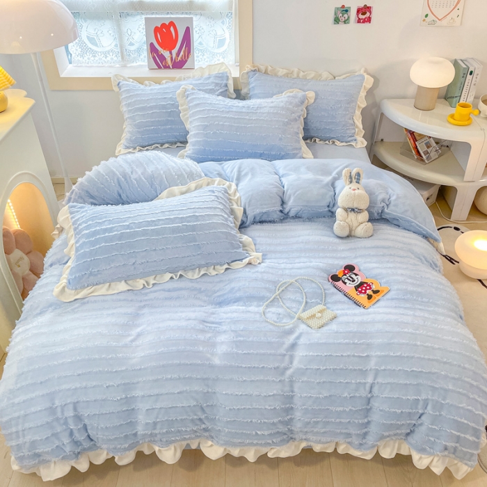 91家纺网 家纺一手货源 找家纺 金爱家 2023新款流苏牛奶绒四件套 流苏-天空蓝