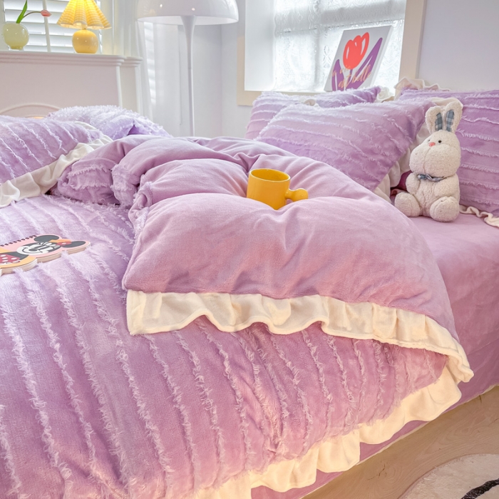 91家纺网 家纺一手货源 找家纺 金爱家 2023新款流苏牛奶绒四件套 流苏-紫