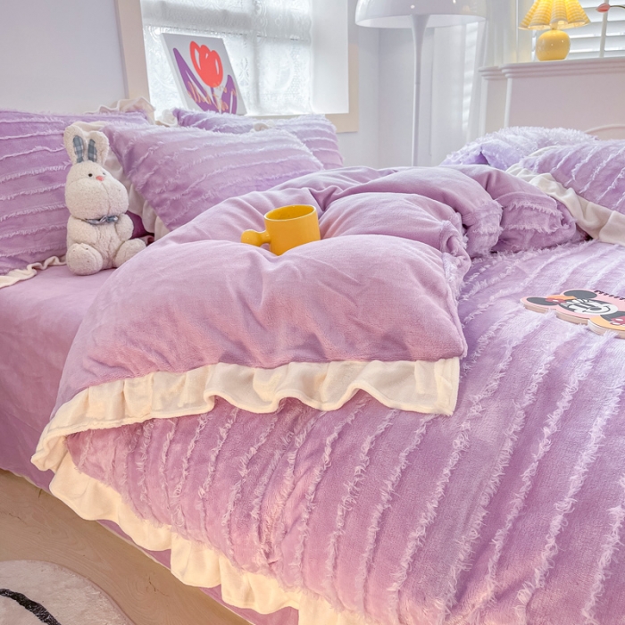 91家纺网 家纺一手货源 找家纺 金爱家 2023新款流苏牛奶绒四件套 流苏-紫