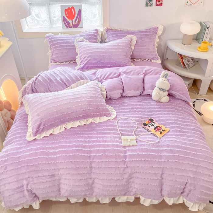 91家纺网 家纺一手货源 找家纺 金爱家 2023新款流苏牛奶绒四件套 流苏-紫