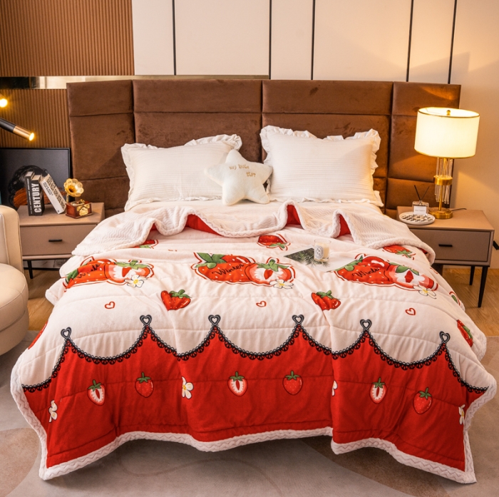 91家纺网 家纺一手货源 找家纺 美莱家纺 2022新款牛奶绒贝贝绒夹棉加厚三层毛毯盖毯午睡毯 甜莓