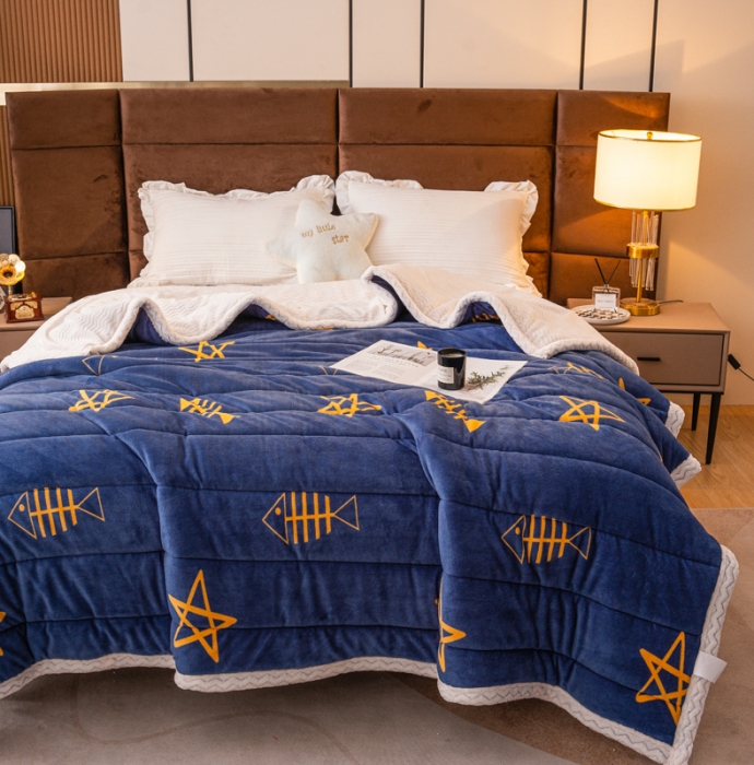 91家纺网 家纺一手货源 找家纺 美莱家纺 2022新款牛奶绒贝贝绒夹棉加厚三层毛毯盖毯午睡毯 渔趣