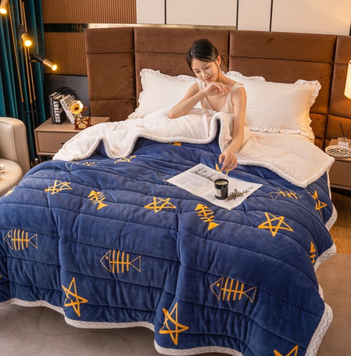 91家纺网 家纺一手货源 找家纺 美莱家纺 2022新款牛奶绒贝贝绒夹棉加厚三层毛毯盖毯午睡毯 渔趣