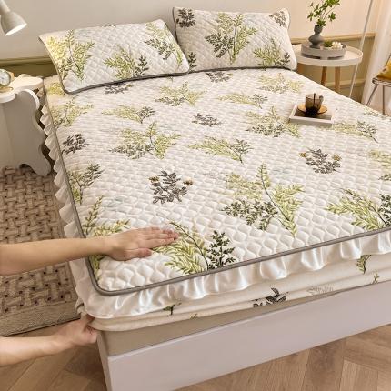 91家纺网 家纺一手货源 找家纺 澳梵家居 2022新款牛奶绒花边床笠三件套 仙草