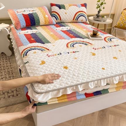 澳梵家居 2022新款牛奶绒花边床笠三件套 彩虹漾