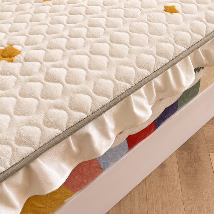 91家纺网 家纺一手货源 找家纺 澳梵家居 2022新款牛奶绒花边床笠三件套 彩虹漾