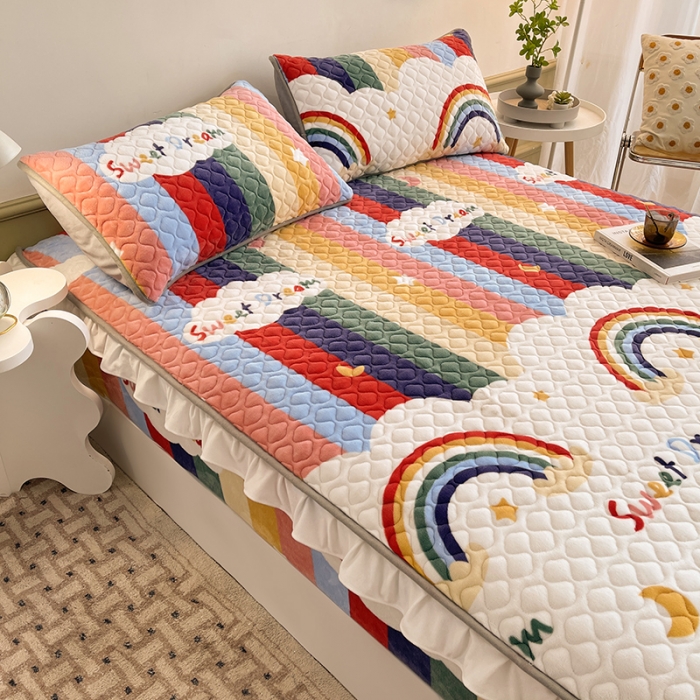 91家纺网 家纺一手货源 找家纺 澳梵家居 2022新款牛奶绒花边床笠三件套 彩虹漾