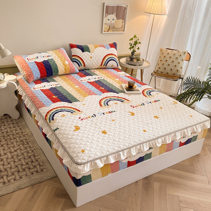 91家纺网 家纺一手货源 找家纺 澳梵家居 2022新款牛奶绒花边床笠三件套 彩虹漾