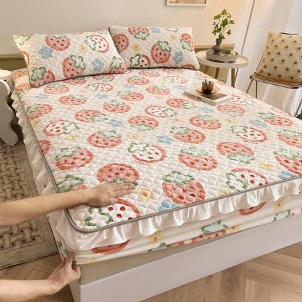 澳梵家居 2022新款牛奶绒花边床笠三件套 草莓优格