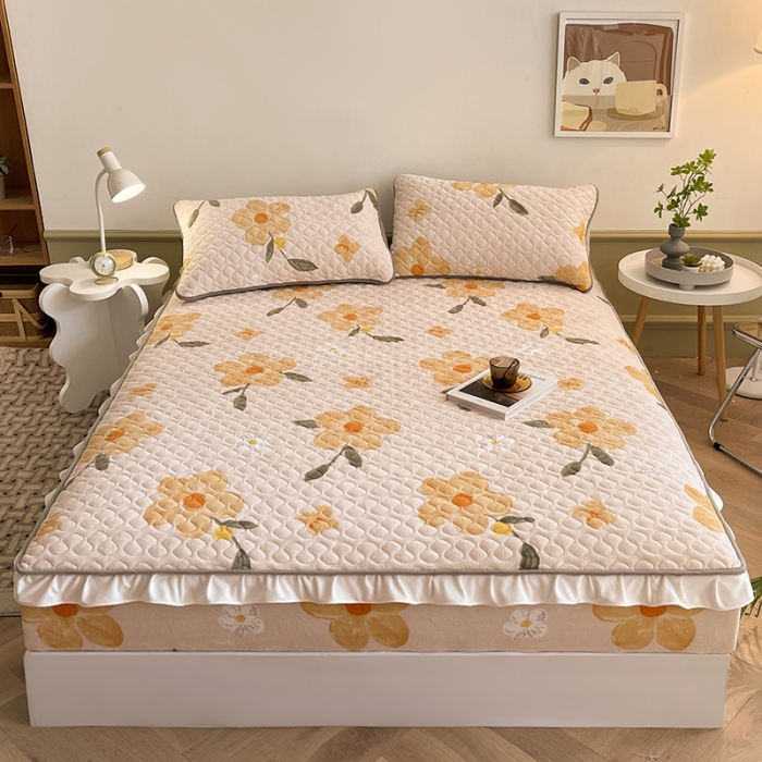 91家纺网 家纺一手货源 找家纺 澳梵家居 2022新款牛奶绒花边床笠三件套 橙花