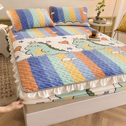 澳梵家居 2022新款牛奶绒花边床笠三件套 恐龙嘟嘟